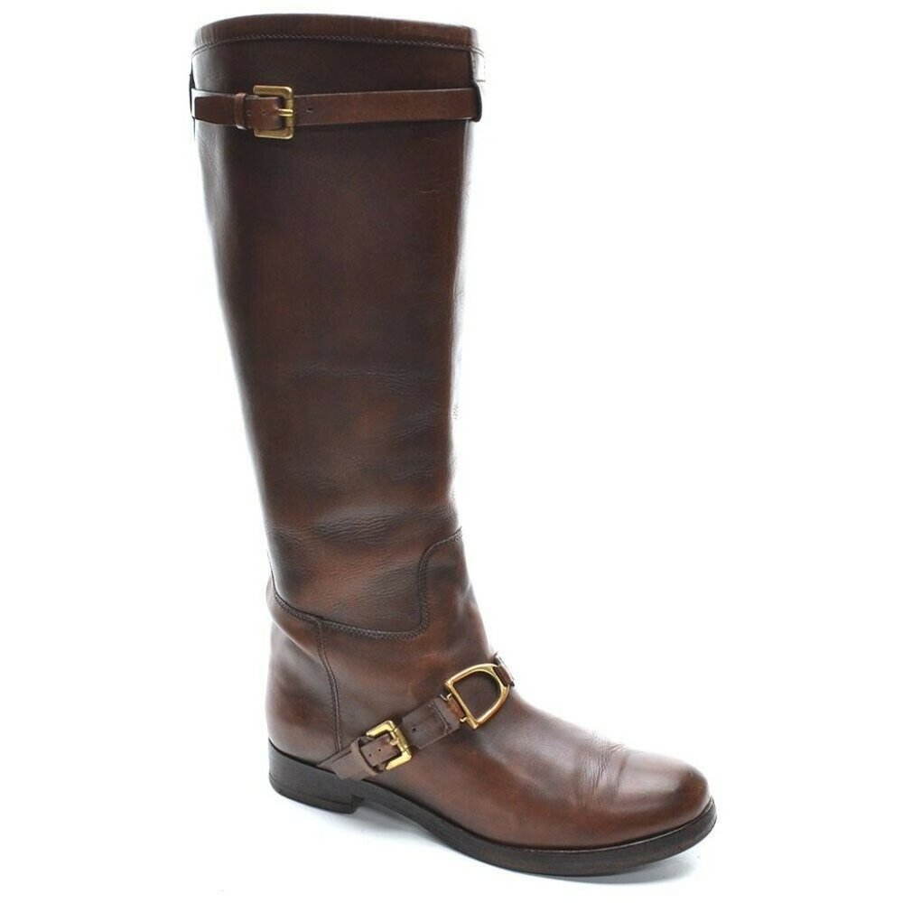 Ralph Lauren Collection Brown Leather Buckle Riding Knee Boots 6 B